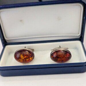 Vintage DF Sterling Silver Cabochon Baltic Amber Cufflinks